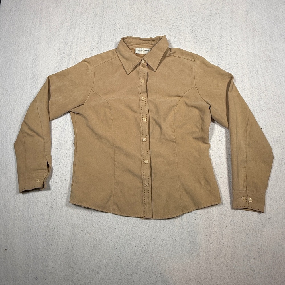Lemon Grass Faux Suede Button Down Shirt Tan Long Sleeve Perforated Detail M